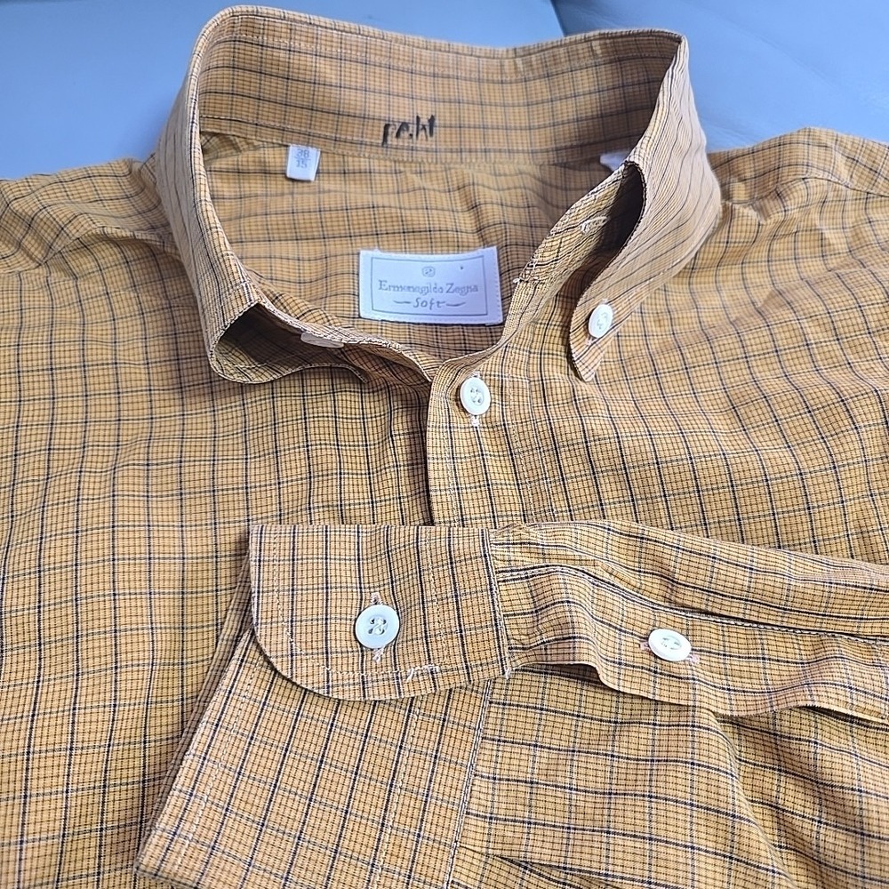 Ermenegildo Zegna Soft Dress Shirt Men's Size 38 15 Mustard Yellow Long Sleeve